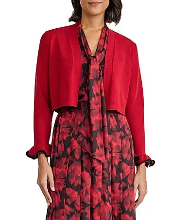 Open Front Ruffle Sleeve Knit Cardigan by Kasper