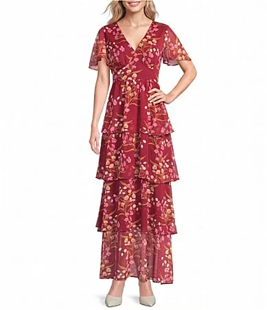 Ginnie Floral Amabel V-Neck Short Sleeve Tiered Maxi Dress by Sugarlips