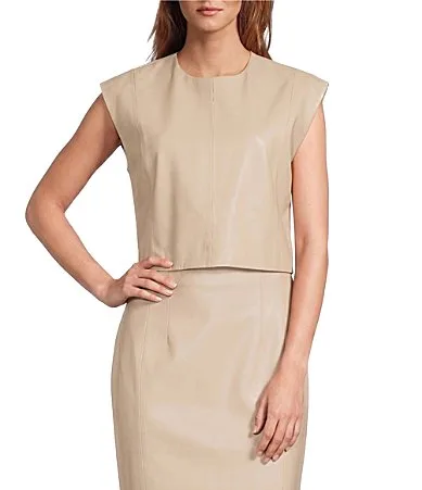 Andrea Genuine Leather Sleeveless Coordinating Crew Neck Top by Antonio Melani