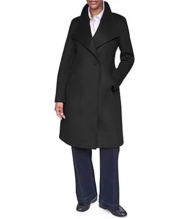 Wool Blend Asymmetrical Neck Trim Button Front Single Breasted Coat by Donna Karan