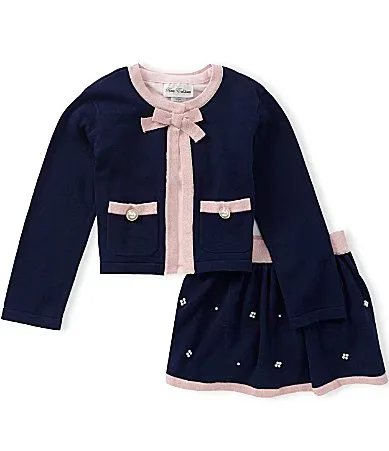 Long Sleeve Pocket Cardigan Short Sleeve Solid Tee Faux Pearl Embellished Skort 3-Piece Set by Rare Editions