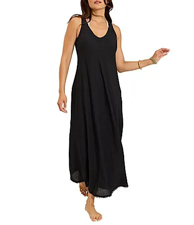 St. Lucia Solid Linen Blend V-Neck Sleeveless Bias Cut Tank Midi Dress Swim Cover-Up
