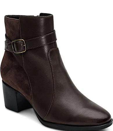Rebecca Leather and Suede Buckle Strap Block Heel Booties by Aetrex