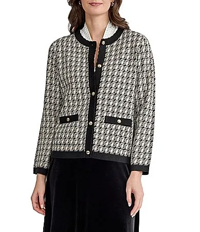 Button Front Long Sleeve Lurex Jacquard Cardigan by Kasper