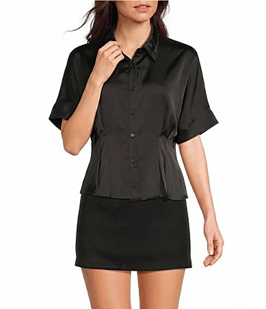 Satin Collared Short Sleeve Cinch Waist Button Front Top by Moa Moa