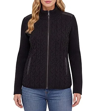 Cable Knit Quilted Banded Collar Long Sleeve Full Zipper Front Jacket