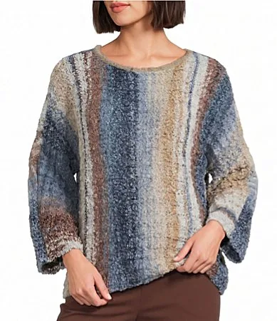 Knit Blue Multi Round Neck 3/4 Sleeve Sweater Top by Ali Miles
