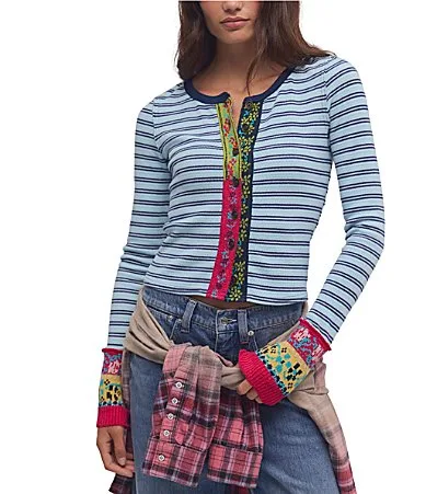 We the Free Noa Embroidered Trim Crew Neck Long Sleeve Cardi Top