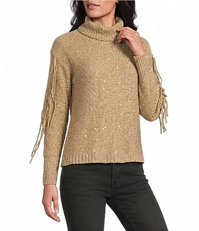 Fringe Trim Sequin Sweater by Reba