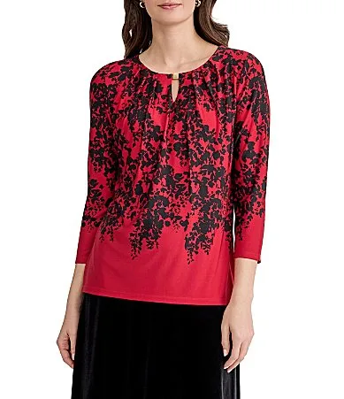 Three Quarter Sleeve Keyhole Neck Top by Kasper
