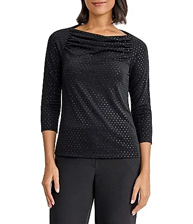 Drape Neck 34 Sleeve Heatset Rhinestone Knit Top