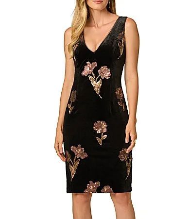 V-Neck Embroidered Sheath Dress by Adrianna Papell