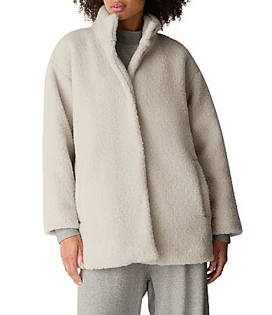 Textured Plush Knit Fleecy High Collar Long Sleeve Coat by Eileen Fisher