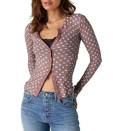 Going Places Dot Printed Crew Neck Long Sleeve Waffle Knit Cardigan by Free People