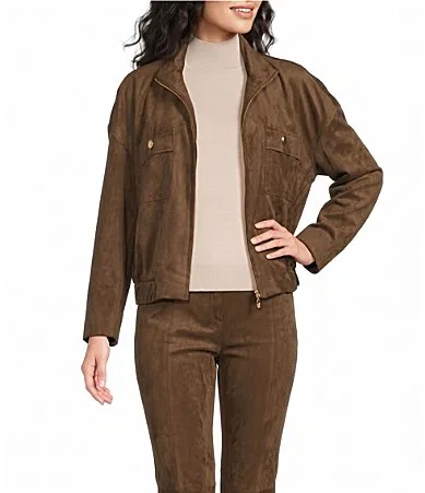 Long Sleeve Zip Front Faux Suede Bomber Jacket by Investments