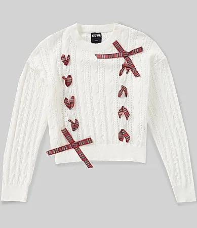 Ribbon-Accented Long Sleeve Cable-Knit Sweater by Katiejnyc