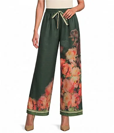 Azra Floral Printed Wide Leg Pull-On Coordinating Pants by Ciebon