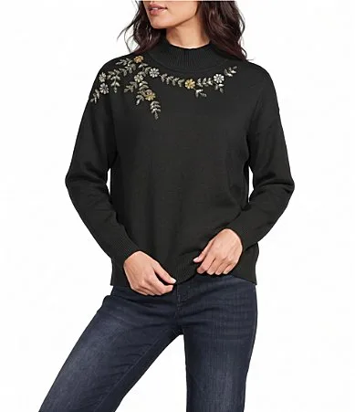 Floral Beading Mock Neck Sweater by Reba