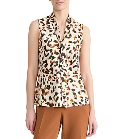 Tie Front Animal Satin Blouse by Kasper