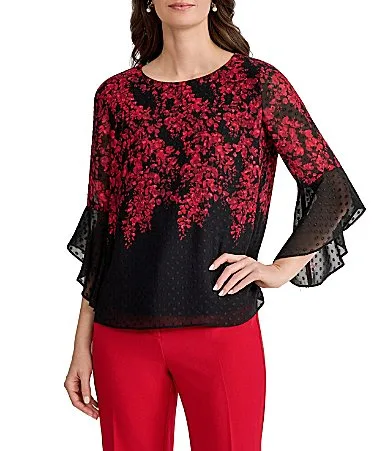 Ruffle Sleeve Floral Print Clip Dot Chiffon Blouse by Kasper