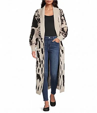 City Girl Snow Leopard Open Front Long Sleeve Oversized Cardigan by Sugarlips