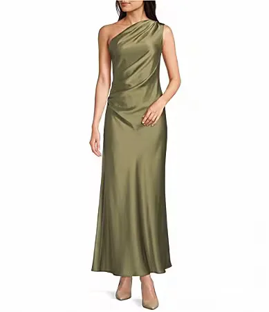 One Shoulder Satin Long Dress by Betsy & Adam