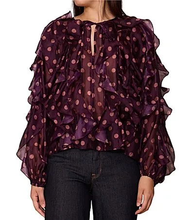 Polka Dot All Over Ruffle Tie Front Long Sleeve Blouse by Melloday