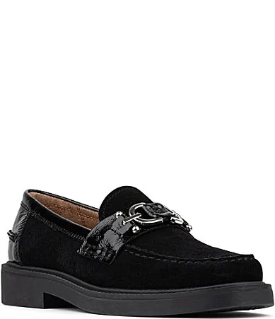 Galilee Suede and Patent Bit Buckle Loafers by Donald Pliner