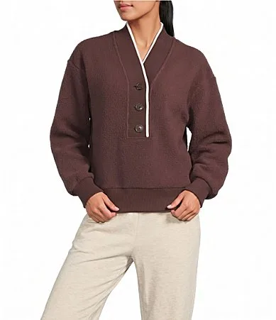 Brenna Button Front V-Neck Long Sleeve Fleece Sweatshirt by Varley