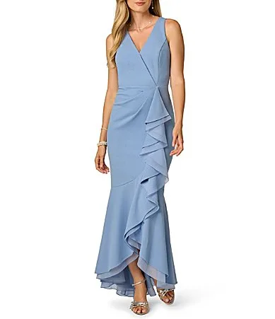 Crepe Sleeveless V-Neck Ruffle Gown by Adrianna Papell