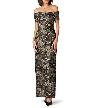 Draped Floral Jacquard Strapless Long Dress by Aidan Mattox