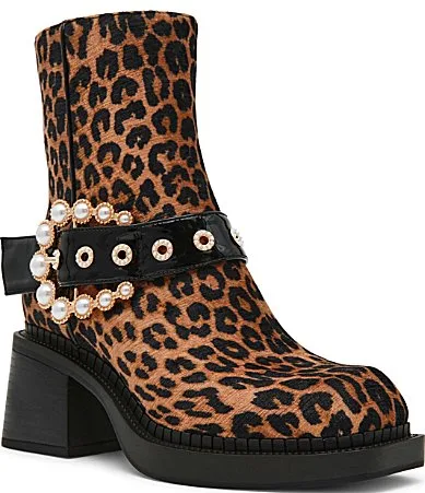 Asher Leopard Pearl Buckle Mid Calf Boots by Betsey Johnson