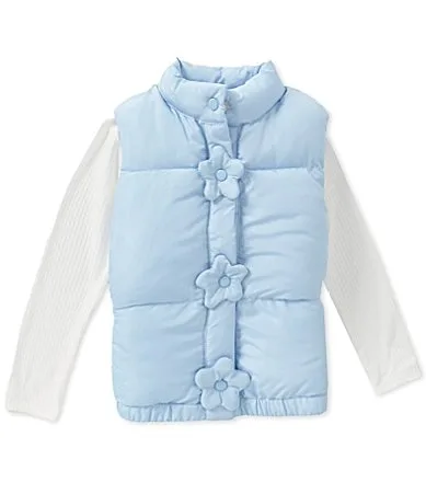 Sleeveless Flower Snap Puffer Vest & Long Sleeve Solid T-Shirt Set by In Girl
