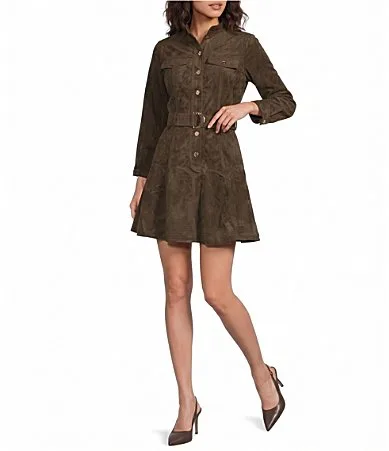 Kerrie Faux Suede Collared Long Sleeve A-Line Belted Mini Dress by Ciebon