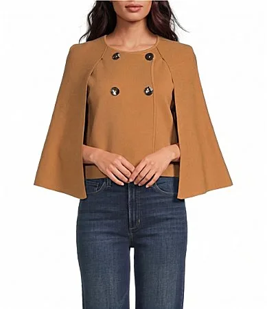Fanny Round Neck Cape Sleeve Double Breasted Sweater Knit Poncho Jacket by Ciebon