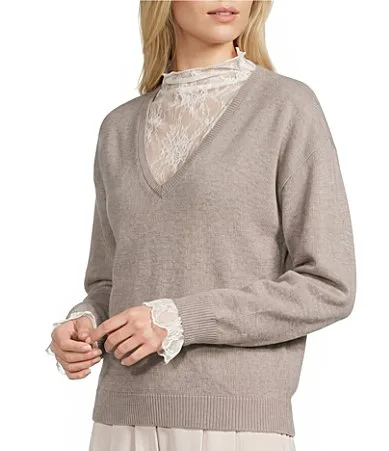 Valentina Mock Neck Long Sleeve Lace Detailed Sweater by Line and Dot