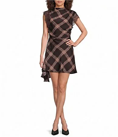 Kristopher Plaid Printed Lace Trim Asymmetric Mock Neck Short Sleeve Mini Dress by Line and Dot