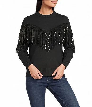 Sequin Fringe Sweater by Reba