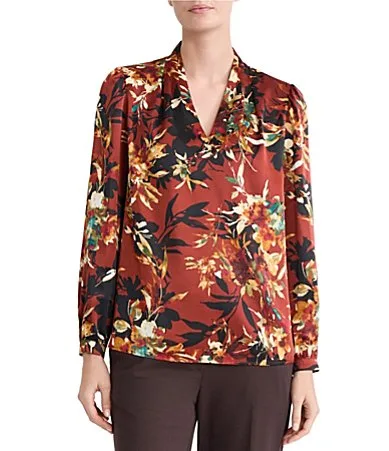 V-Neck Print Satin Blouse by Kasper