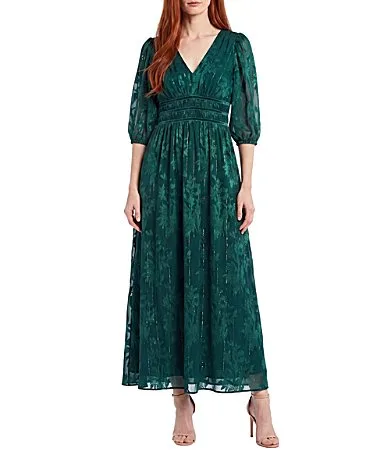 V-Neck Elbow Sleeve Smocked Waist Chiffon Jacquard Maxi Dress by Kelly Grace
