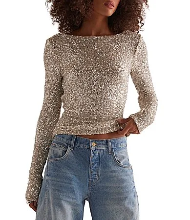 Leading the Way Sequin-Covered Boat Neck Long Sleeve Top by Free People