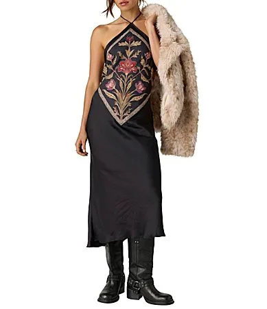 Citrine Floral Print Halter Neck Sleeveless Midi Dress by Free People
