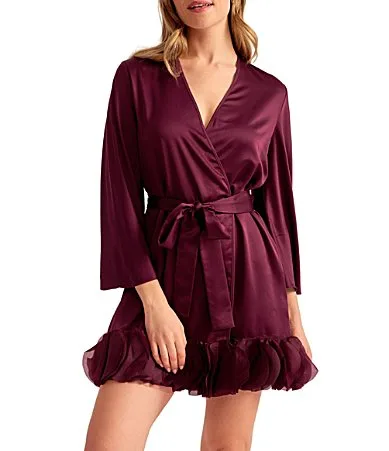 Villa Long Sleeve V-Neck Charmeuse Organza Petal Hem Bridal Lingerie Robe by Rya Collection