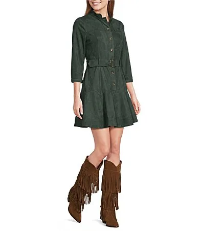 Kerrie Faux Suede Collared Long Sleeve A-Line Belted Mini Dress by Ciebon