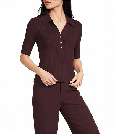 Lucy Paris Knit Point Collar V-Neck Short Sleeve Top by Lucy