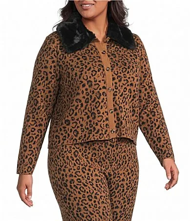 Lucy Paris Deborah Leopard Printed Faux Fur Collared Long Sleeve Coordinating Knit Cardigan by Lucy