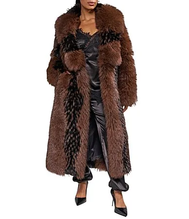 Aurora Chocolate Pattern Shawl Collar Oversize Maxi Faux Fur Coat by Azalea Wang