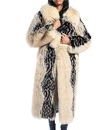 Aurora Tan Fox Pattern Shawl Collar Oversize Maxi Faux Fur Coat by Azalea Wang