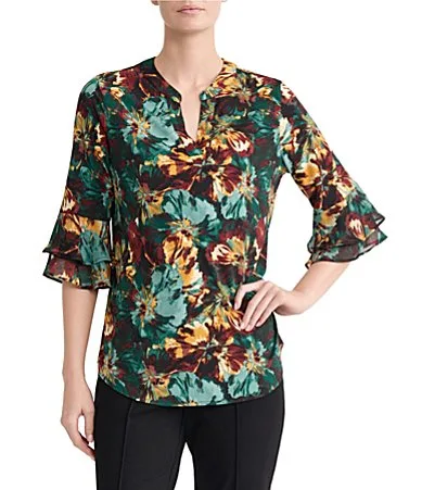 Flutter Sleeve Split Neck Printed Blouse by Kasper