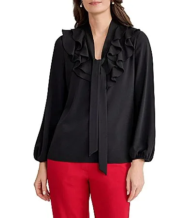 Ruffle Front Long Sleeve Georgette Blouse by Kasper
